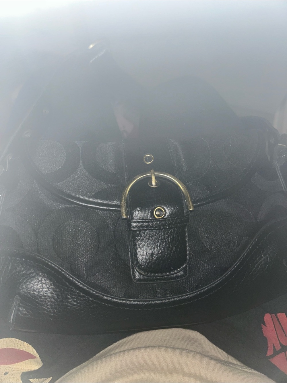 Coach Black Signature Canvas Shoulder Bag with Gold Buckle